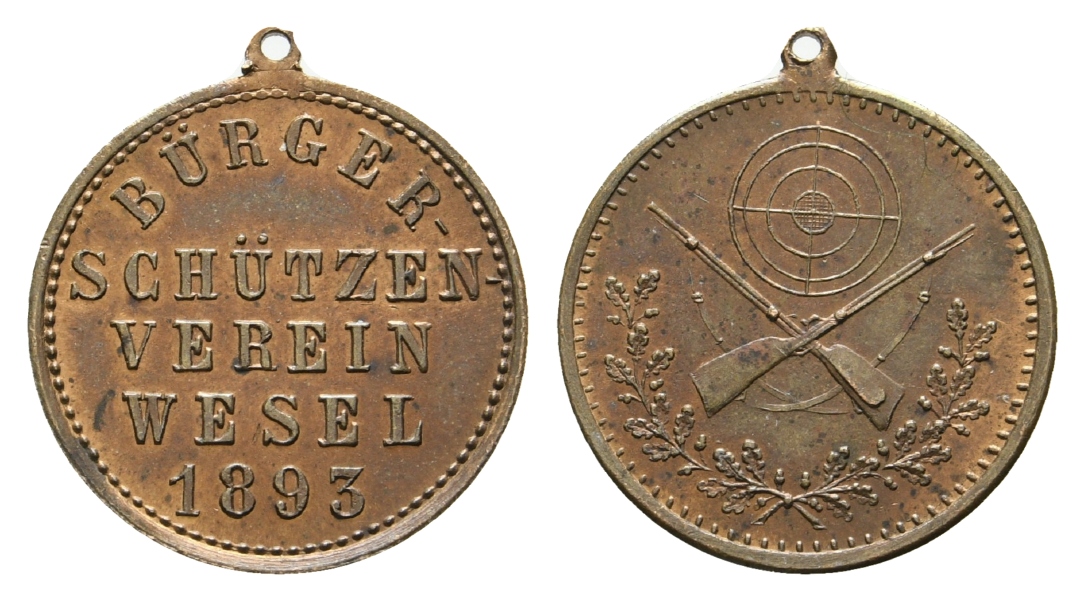  Wesel - Schützenmedaille 1893; tragbar, verkupfert; 2,82 g, Ø 20 mm   