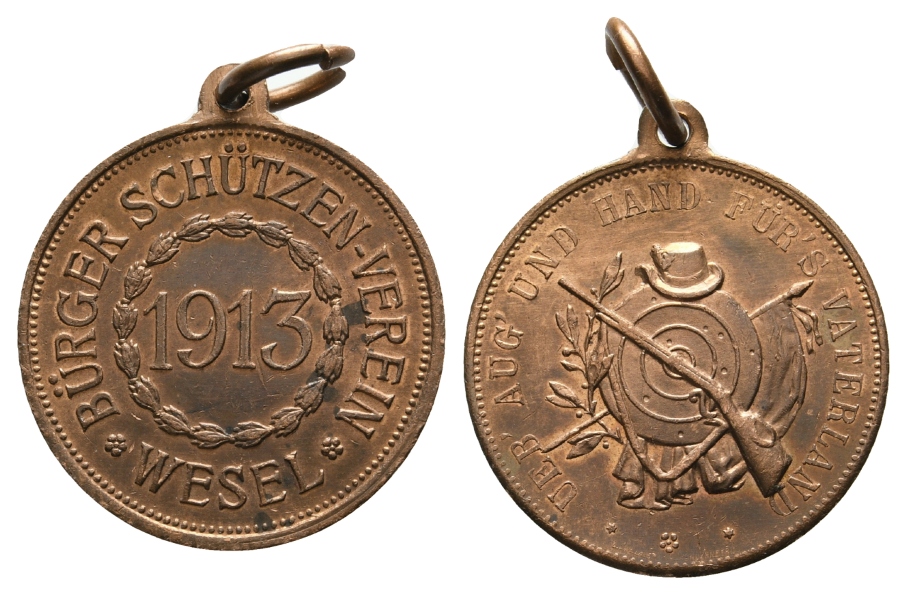  Wesel - Schützenmedaille 1913; tragbar, Kupfer; 10,01 g, Ø 27 mm   