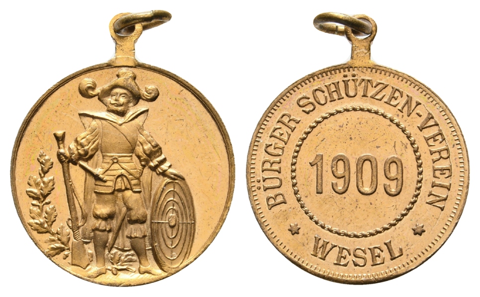  Wesel - Schützenmedaille 1909; tragbar, Bronze; 7,29 g, Ø 25 mm   