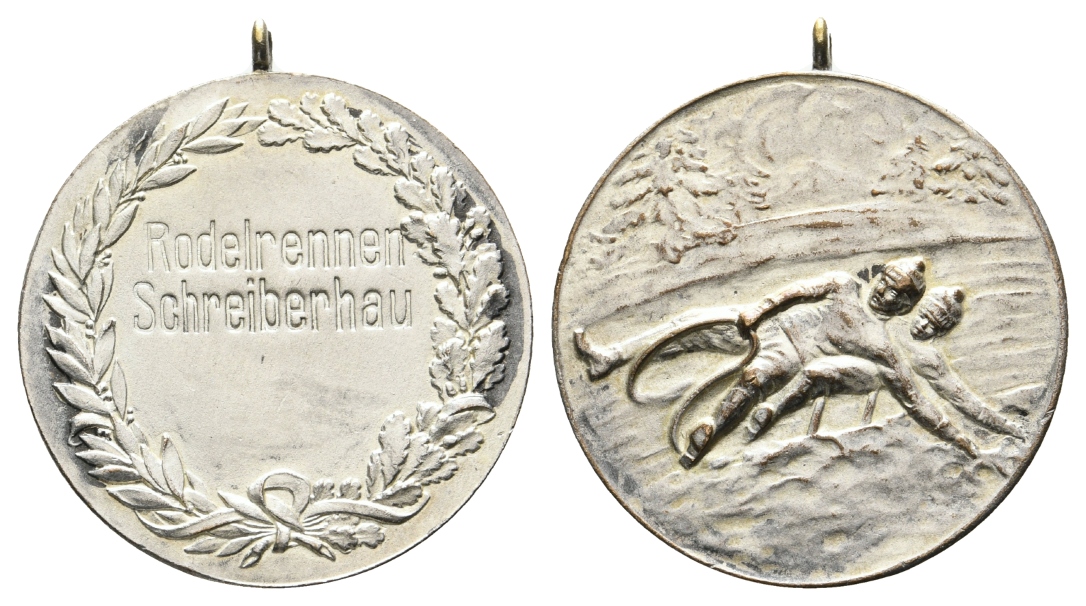  Medaille o.j. - Rodelrennen Schreiberhau; tragbar, versilbert; 12,98 g, Ø 38 mm   