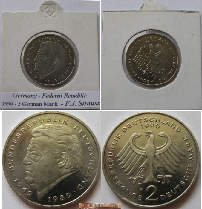  1990, 2 Deutsche Mark, F, Franz Josef Strauss   