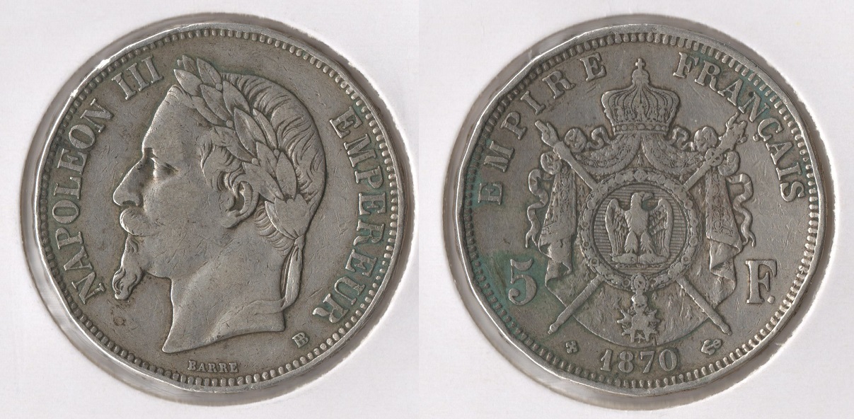  Frankreich 5 Francs 1870 BB (Silber) ss Napoleon III. (1852-1870)   