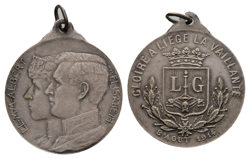  Linnartz 1. Weltkrieg - BELGIEN, Lüttich, Tragbare Silberne Tapferkeitsmed. 1914, 28 mm. vz   