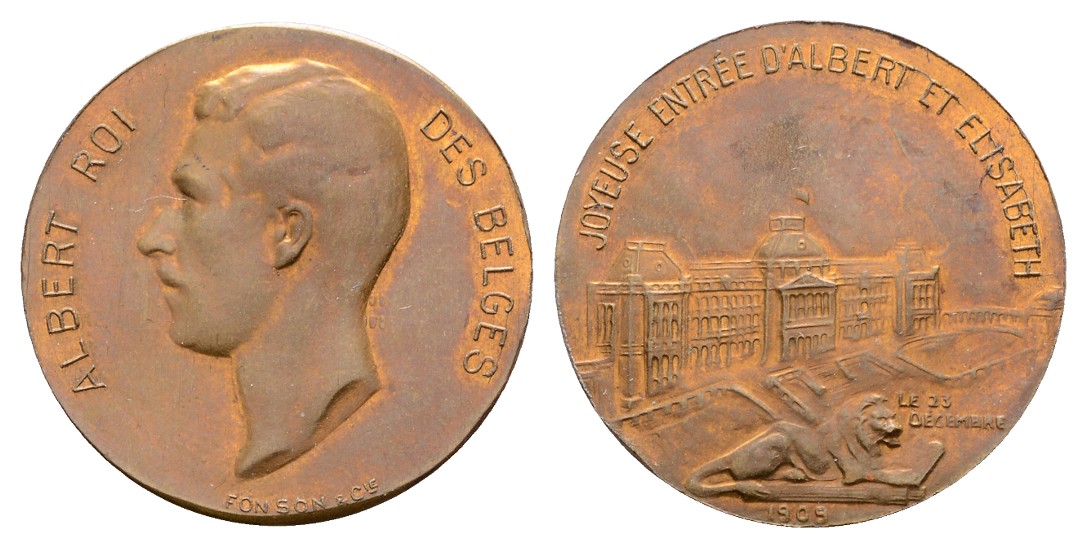  Linnartz Brüssel,  Bronzemed. 1909, (v. Fonson), Zur Huldigung Albert I., 28 mm, vz-st   
