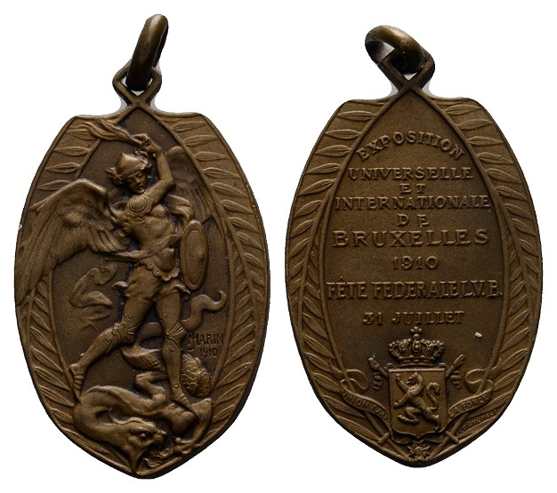  Linnartz JUGENDSTIL, Tragb. Bronzemed. 1910, Weltausst. Brüssel, 21x36 mm, vz-st   