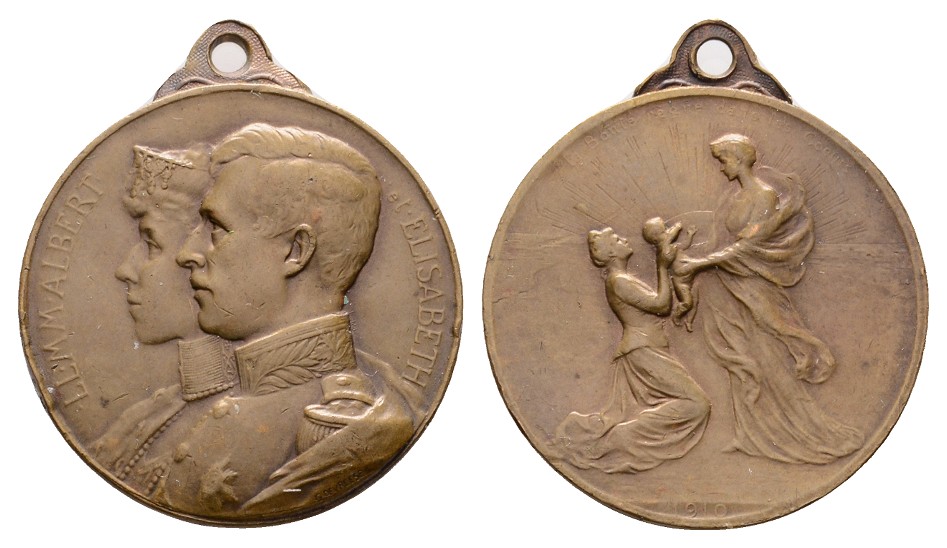  Linnartz BELGIEN, Albert & Elisabeth, Tragbare Bronzemed. 1910, 28 mm, vz-   