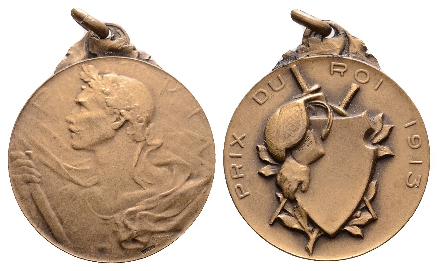 Linnartz JUGENDSTIL, Belgien, Tragb. Bronzermed 1913, Schützenpreis, 29 mm, vz +   