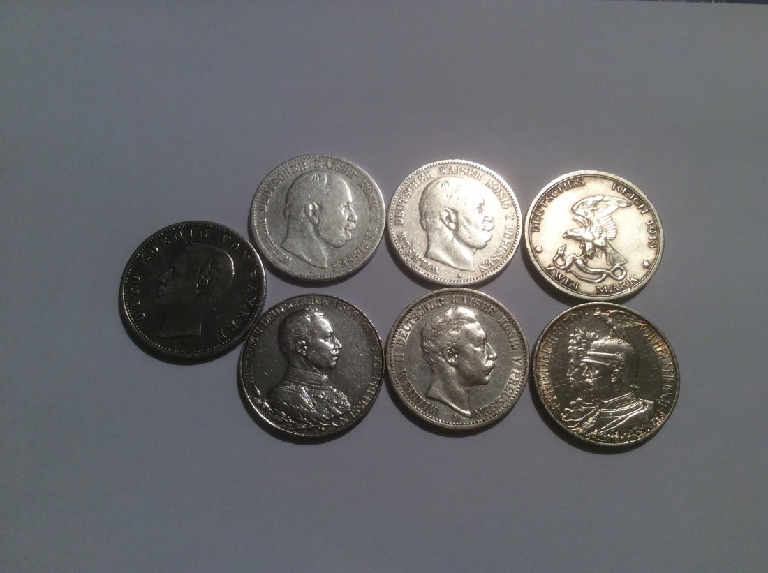 Kaiserreich Lot 2 Mark 7 verschiedene Münzen 900er Silber Preusse, Bayern