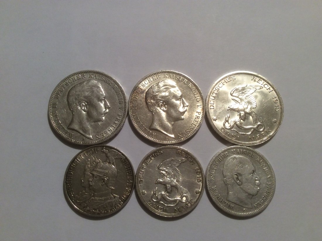 Kaiserreich Lot 2 und 3 Mark 5 Münzen 900er Silber Preussen
