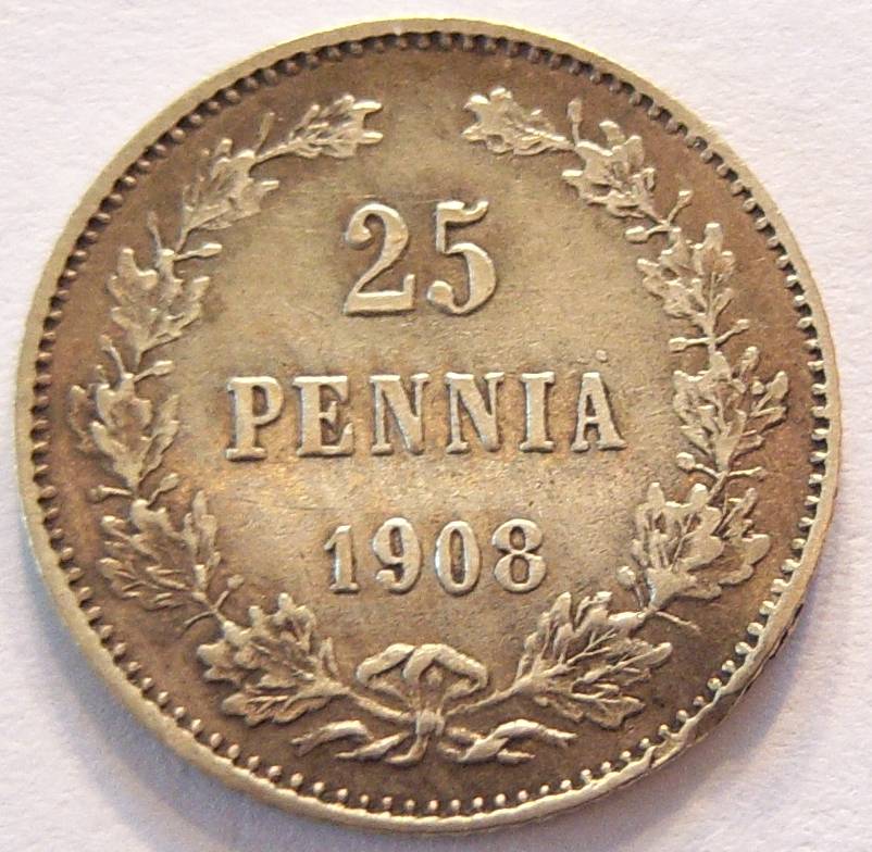  Finnland 25 Penniä 1908 Silber   