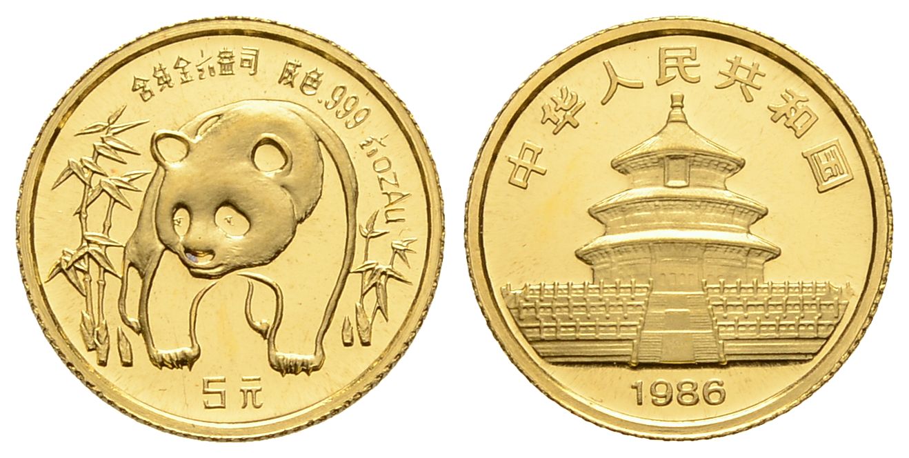 PEUS 3134 China 1,56 g Feingold. Panda zwischen Bambus 5 Yuan GOLD 1/20 Unze 1986 Uncirculated