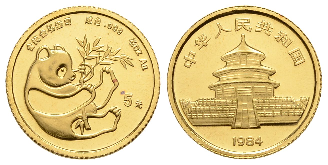 PEUS 3136 China 1,56 g Feingold. Sitzender Panda 5 Yuan GOLD 1/20 Unze 1984 Uncirculated