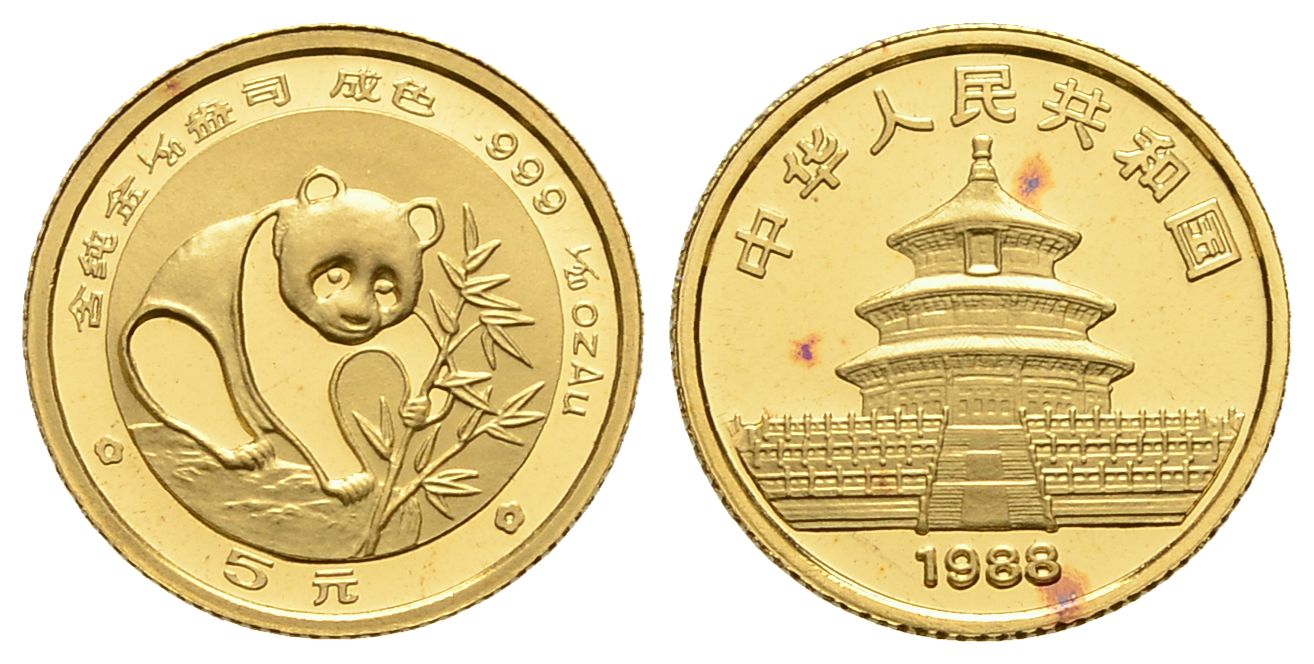 PEUS 3138 China 1,56 g Feingold. Panda mit Bambus 5 Yuan GOLD 1/20 Unze 1988 Kl. rote Flecken, Uncirculated