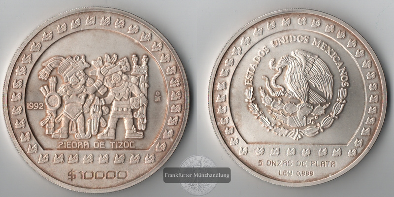  Mexiko  10000 Pesos   1992   Pieora De Tizoc    FM-Frankfurt   Feinsilber: 155,5g   