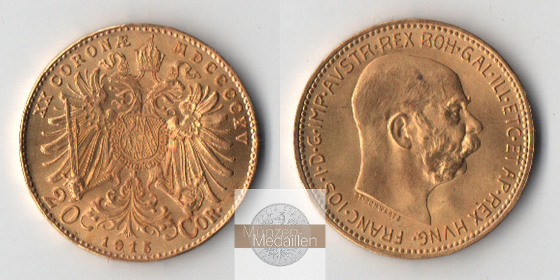 Österreich MM-Frankfurt Feingold: 6,10g 20 Kronen 1915 ss - kl. Flecken und Kratzer