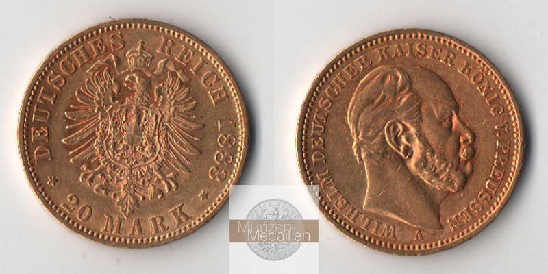 Preussen, Kaiserreich MM-Frankfurt Feingold: 7,17g 20 Mark 1883 A ss