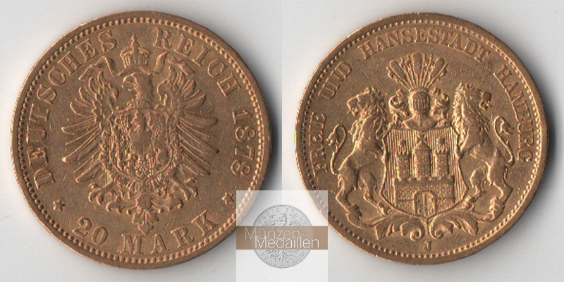 Hamburg, Kaiserreich MM-Frankfurt Feingold: 7,17g 20 Mark 1878 J ss