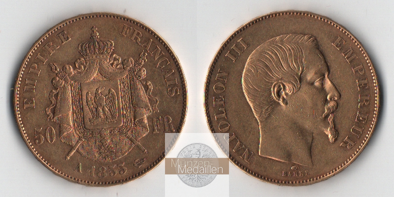 Frankreich MM-Frankfurt Feingold: 14,52g 50 Francs 1855 A sehr schön
