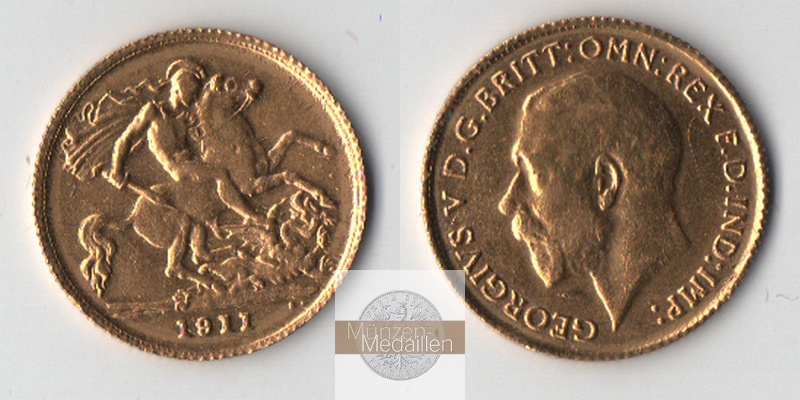 Grossbritannien MM-Frankfurt Feingewicht: 3,66g Gold 1/2 Sovereign 1911 ss