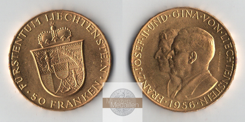 Liechtenstein MM-Frankfurt Feingewicht: 10,16g Gold 50 Franken 1956 sehr schön