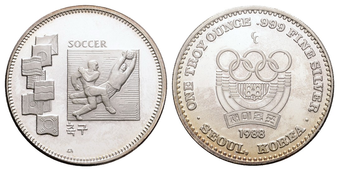 Linnartz Korea, Olympiade Seoul, Fussball, Feinunze Silber 1988, PP   