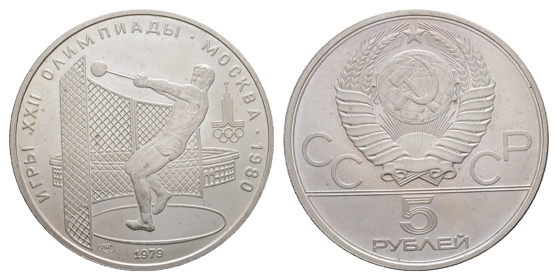  Linnartz Russland, Olympiade Moskau, Hammerwerfen, 5 Rubel 1979, Silber, st   
