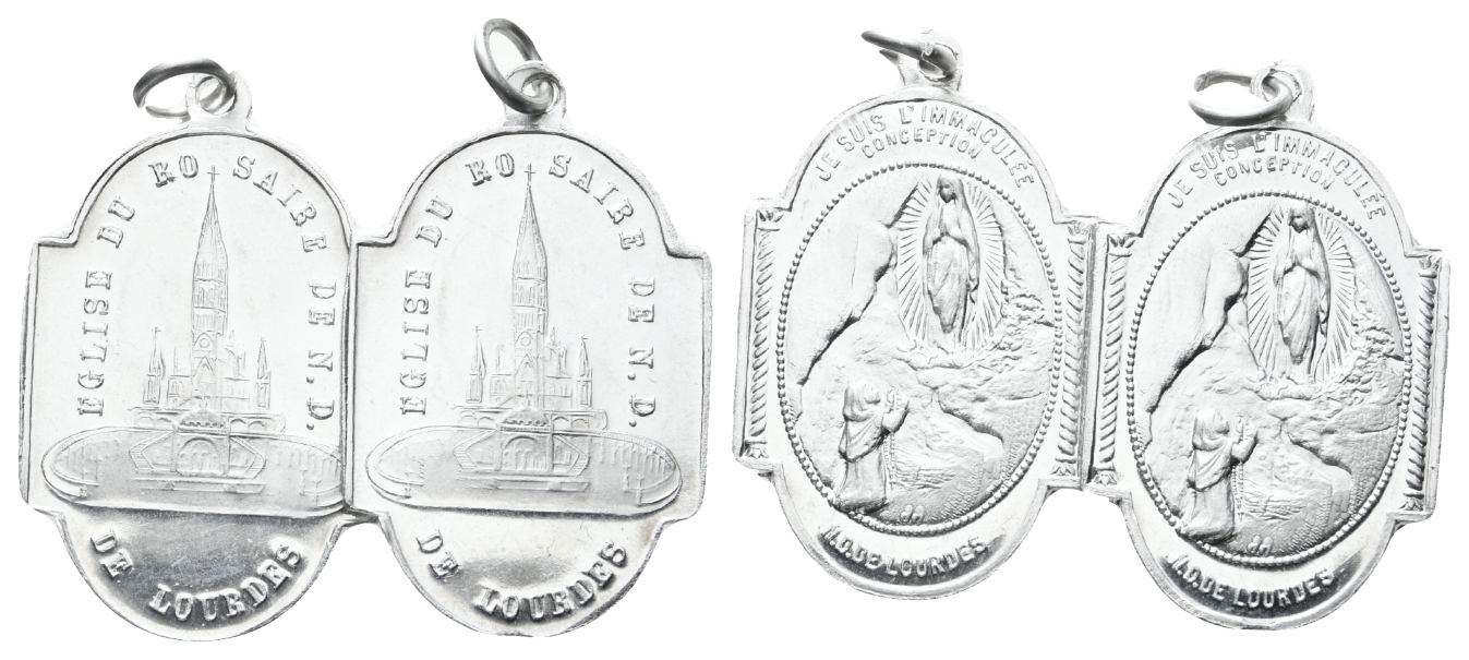  Lourdes; Andenken- und Pilgeramulette Alu, o.J.; tragbar Ø 33 x 23 mm; 2 Stück   