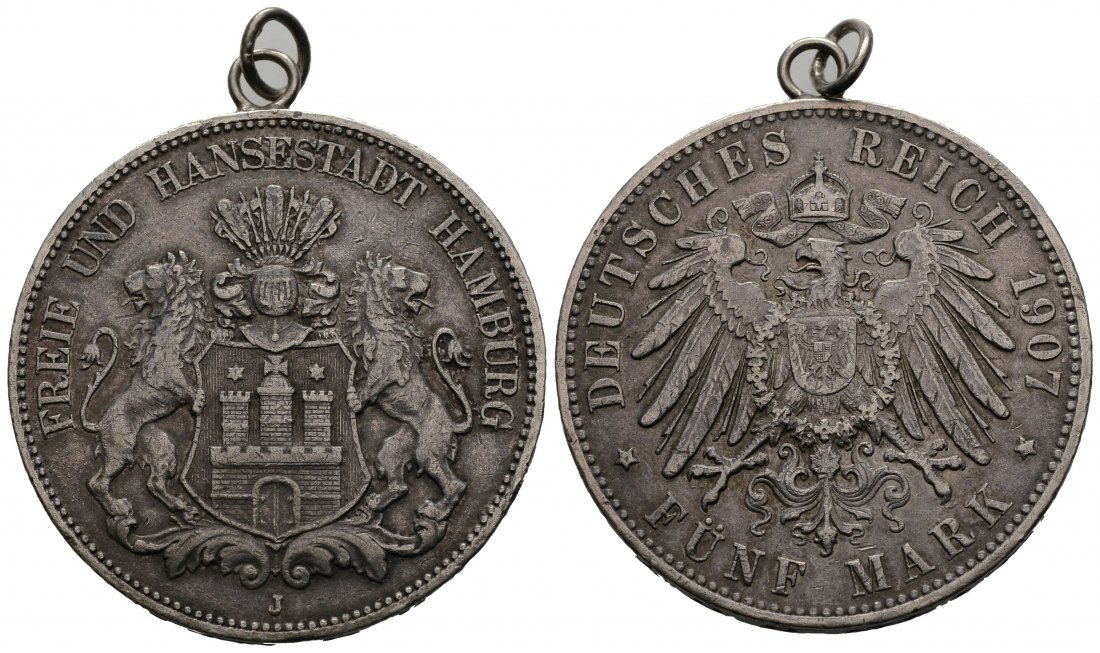 PEUS 3150  Kaiserreich - Hamburg 27,93 g rau 5 Mark 1907 J Gehenkelt, Sehr schön