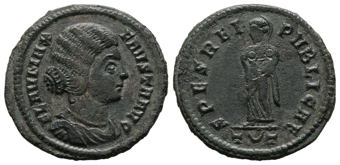 PEUS Constantinus I. für Fausta Ticinum Büste / Spes mit 2 Kindern Centennionalis 326 Graugrüne Patina, sehr schön