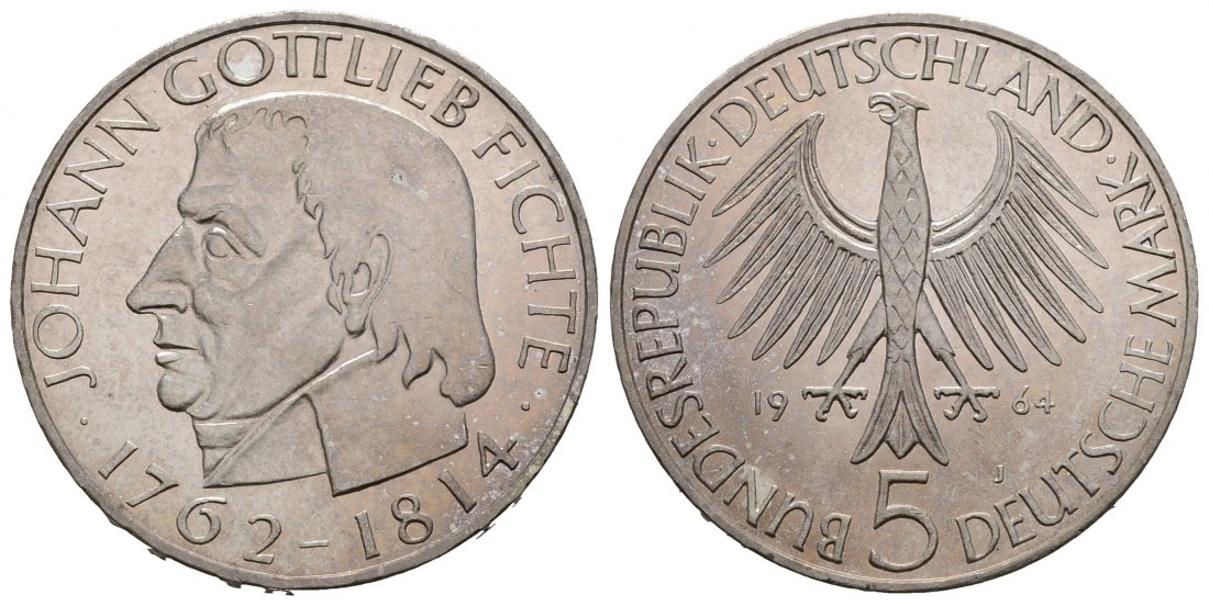 PEUS 3154 BRD Johann Gottlieb Fichte (1762 - 1814) 5 Mark 1964 J Kl. Kratzer, Vorzüglich
