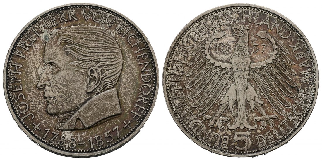 PEUS 3155 BRD Joseph Freiherr von Eichendorff (1788 - 1857) 5 Mark 1957 J Patina, Sehr schön