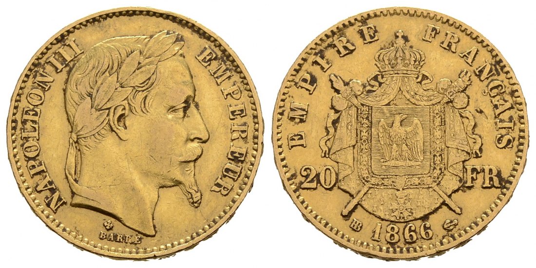 PEUS 3105 Frankreich 5,81 g Feingold 20 Francs GOLD 1866 BB Straßbur Belagreste, Sehr schön