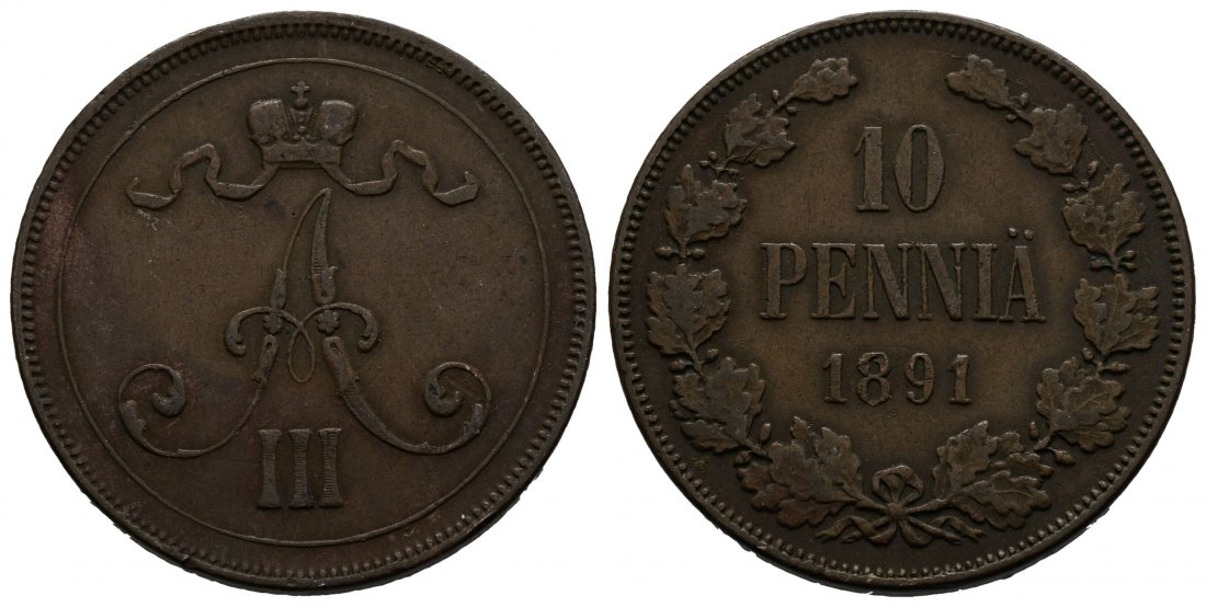 PEUS 3160 Finnland Alexander III. von Rußland (1881-1894) 10 Penniä 1891 Sehr schön