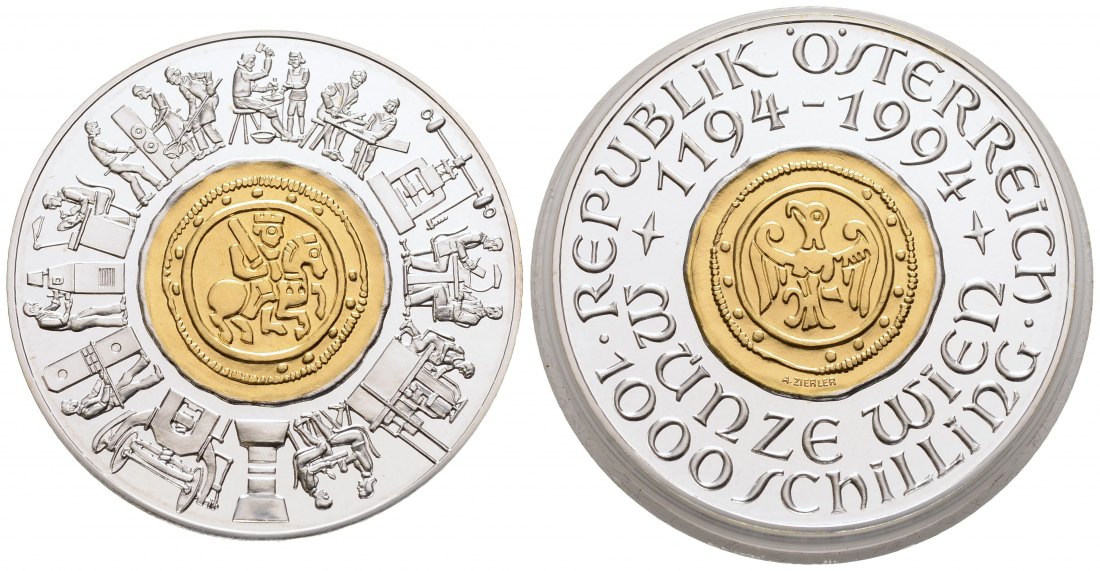 PEUS 3164 Österreich 13 g Feingold + 24 g Feinsilber. 800 Jahre Münze Wien 1000 Schilling GOLD / SILBER 1994 Proof (Kapsel)
