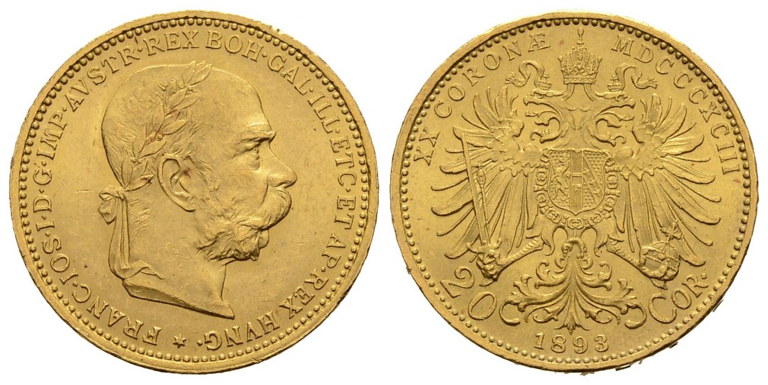 PEUS 3165 Österreich 6,10 g Feingold. Franz Joseph I. (1848 - 1916) 20 Kronen GOLD 1893 Vorzüglich +