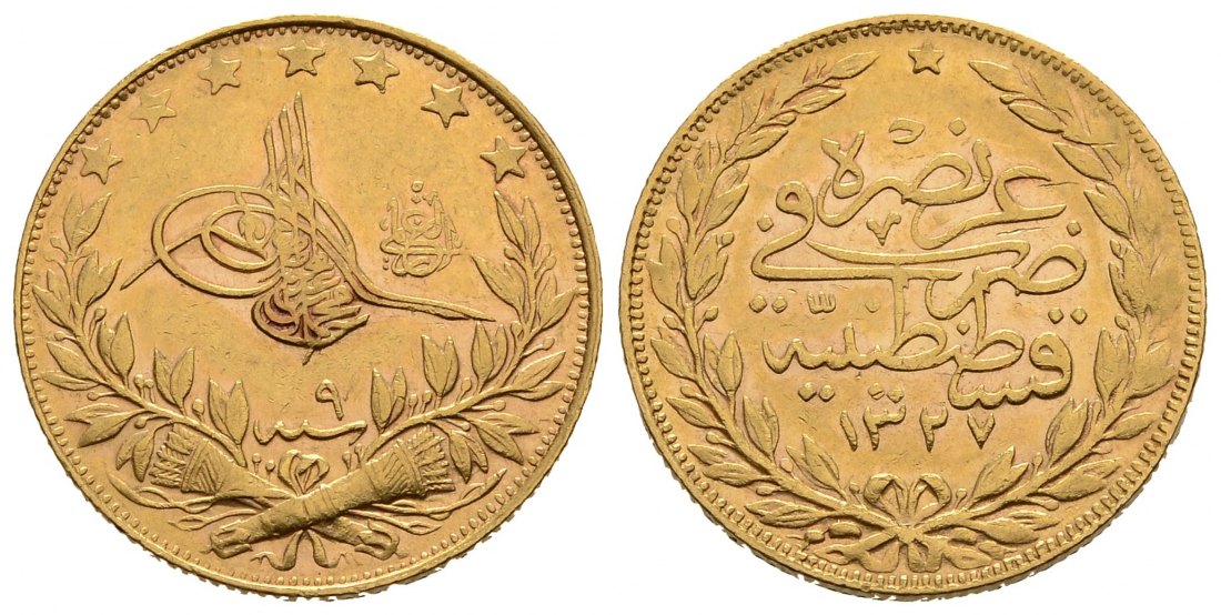 PEUS 3166 Türkei 6,61 g Feingold. Sultan Mohammed V. (Reschad) 1909 - 1918 100 Piaster GOLD Jahr 9 (1917) Sehr schön