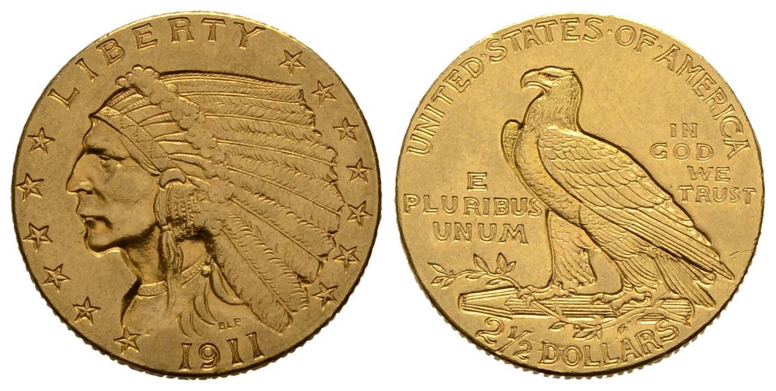 PEUS 3172 USA 3,76 g Feingold. Indian Head 2 1/2 Dollars GOLD 1911 Fast vorzüglich