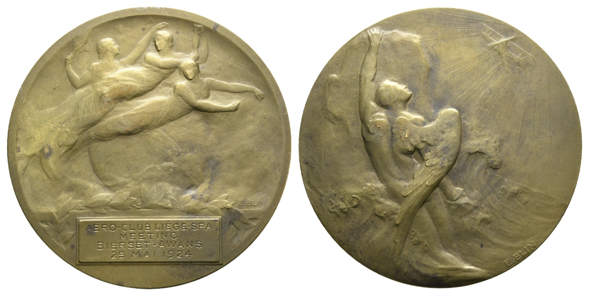  Aero Club Liege; Medaille 1924; Bronze, 125,33 g, Ø 68 mm   