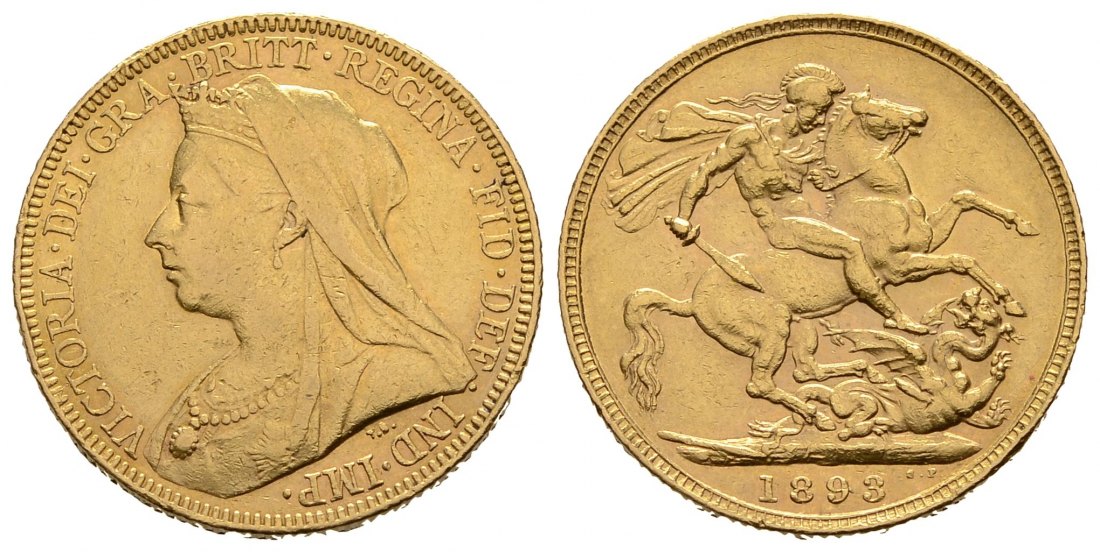 PEUS 3175 Großbritannien 7,32 g Feingold. Victoria (1837 - 1901) mit Witwenschleier Sovereign GOLD 1893 Sehr schön