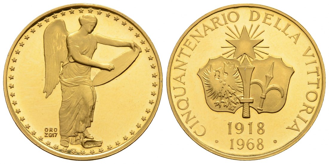 PEUS 3176 Italien 26 mm / 13 g Feingold. 50. Jahrestag erster Weltkrieg Goldmedaille 1968 Impaired Proof / Vorzüglich + aus PP
