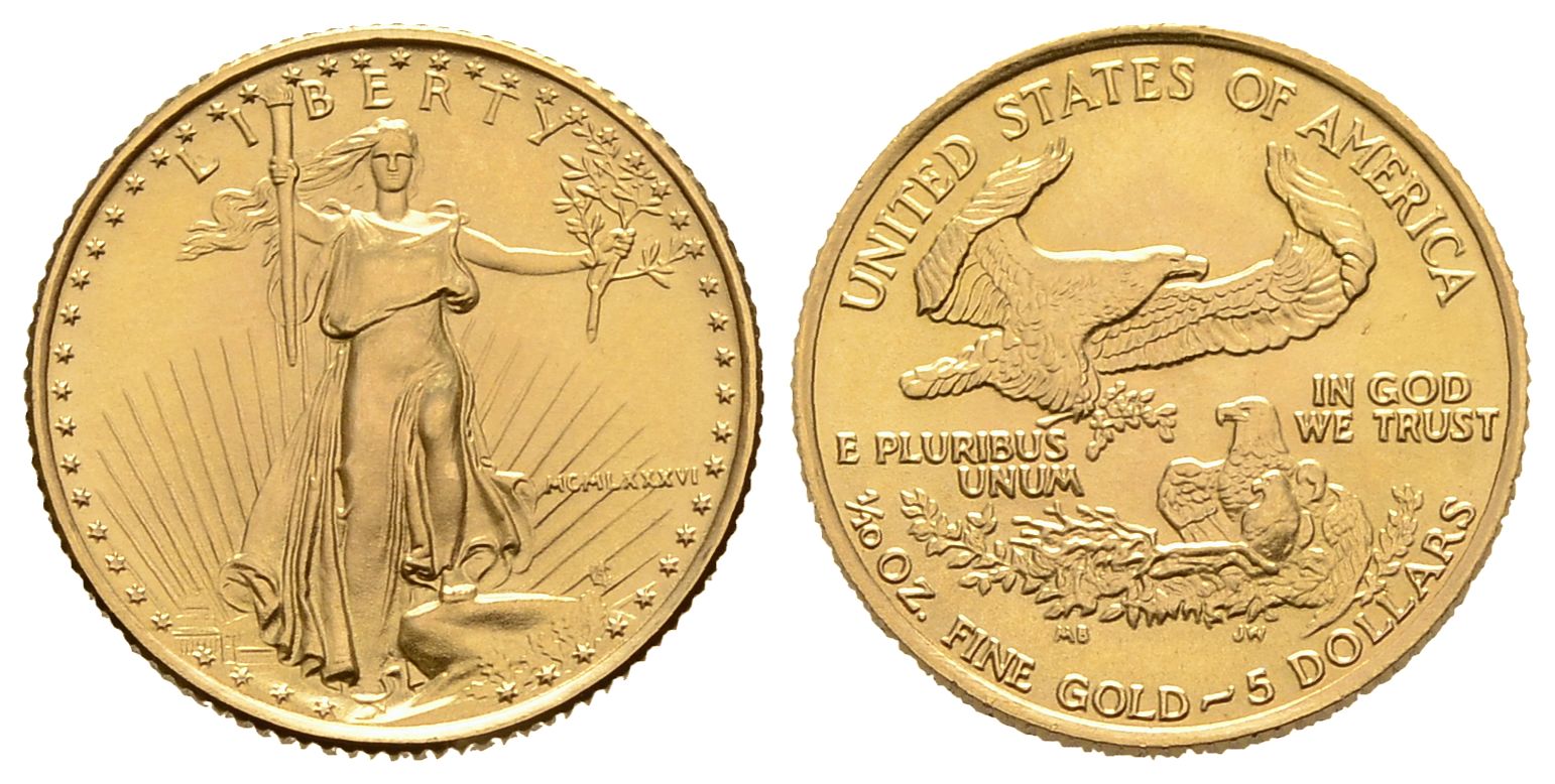 PEUS 3177 USA 3,11 g Feingold 5 Dollars GOLD 1/10 Unze 1986 Stempelglanz