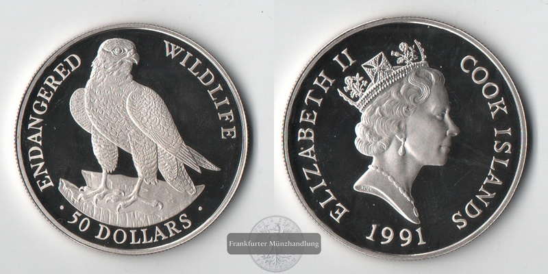  Cook Islands  50 Dollar  Peregrine Falcon 1991  FM-Frankfurt Feingsilber: 17,94g   