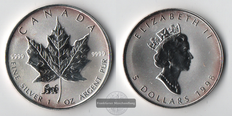 Kanada  5 Dollar  1998   Maple Leaf (mit Privy)   FM-Frankfurt   Feinsilber: 31,1g   