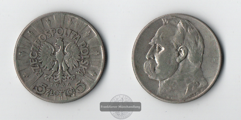  Polen  5 Zloty  1934  FM-Frankfurt   Feingewicht: 8,25g   