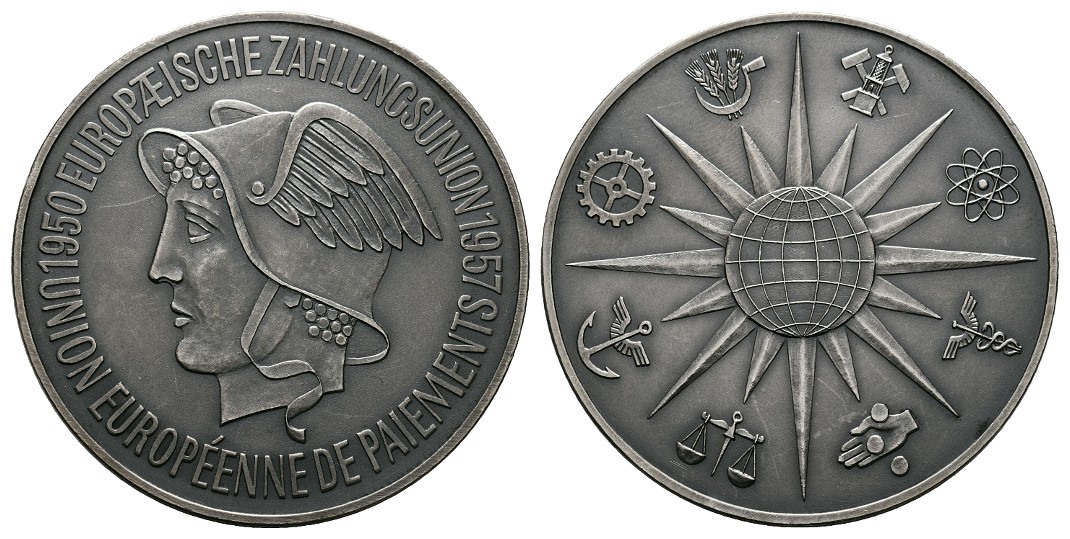  Linnartz BRD Silbermedaille 1957 a. 7 Jahre Europäische Union vz-stgl Gewicht: 50,1g/999er   