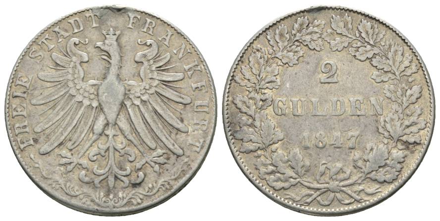  Frankfurt, 2 Gulden 1847; Henkelspur, bearbeitet   