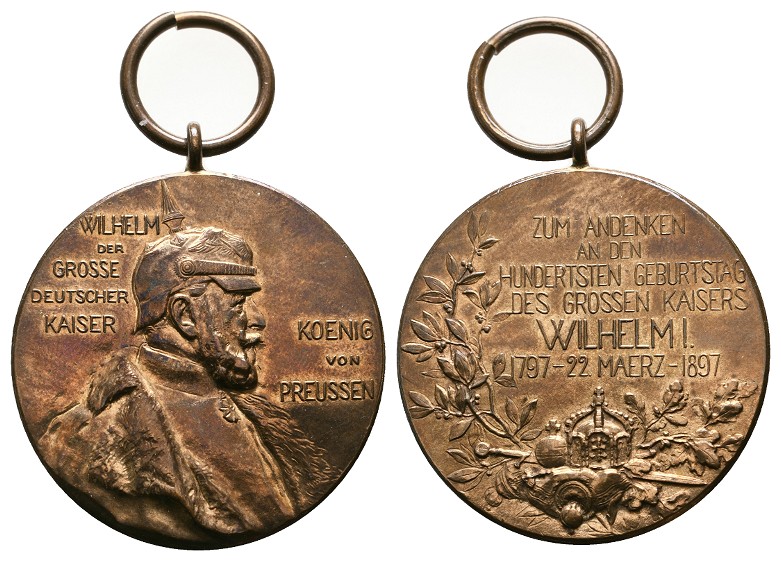  Linnartz Preussen Bronzemedaille 1897 a.d. 100.Geburtstag von Wilhelm I. vz/stgl Gewicht: 34,3g   