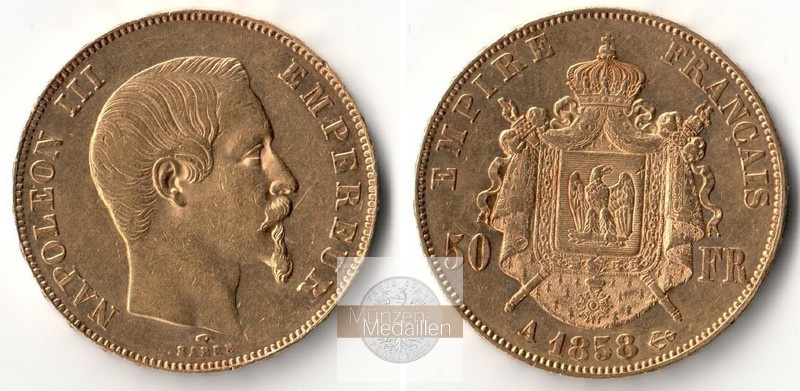 Frankreich MM-Frankfurt Feingold: 14,52g 50 Francs 1858 A sehr schön