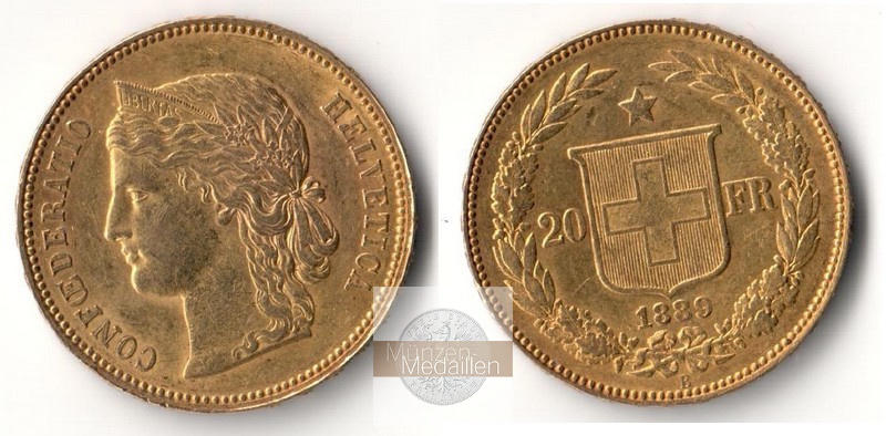 Schweiz MM-Frankfurt Feingewicht: 5,81g Gold 20 sFR Helvetica 1889 