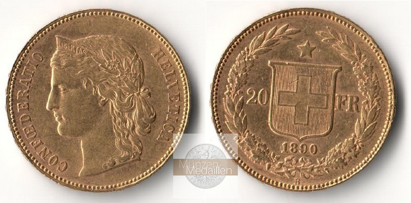 Schweiz  20sFR  1890 B MM-Frankfurt Feingold: 5,81g Helvetica  